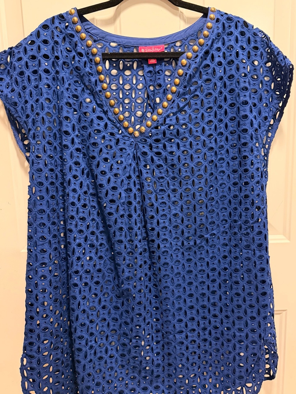 Lilly Pulitzer Royal Blue Eyelet V-Neck Tunic with Gold Studs